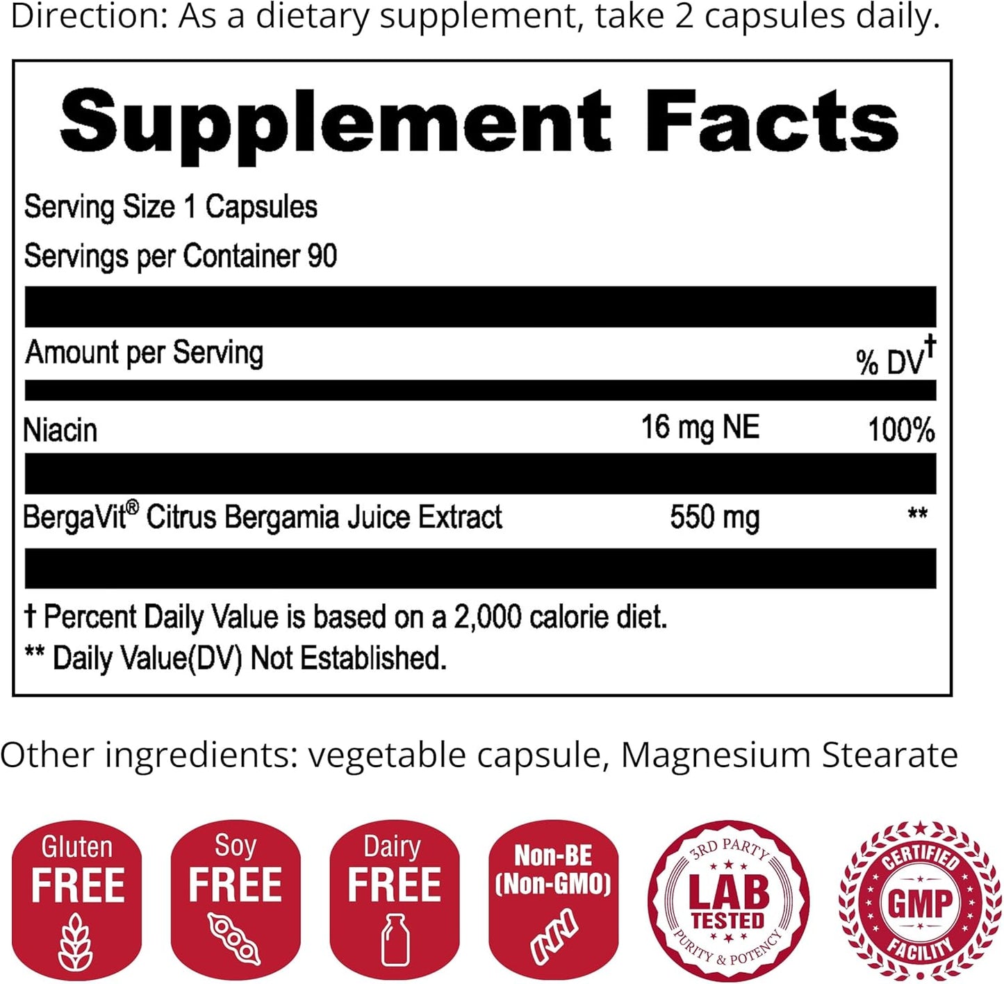 UpNourish BERGAVIT Citrus Bergamot Cholesterol Supplement - Italian Citrus Bergamot Extract 550mg for Women and Men 90 Vegan Capsules