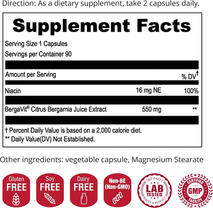 UpNourish BERGAVIT Citrus Bergamot Cholesterol Supplement - Italian Citrus Bergamot Extract 550mg for Women and Men 90 Vegan Capsules