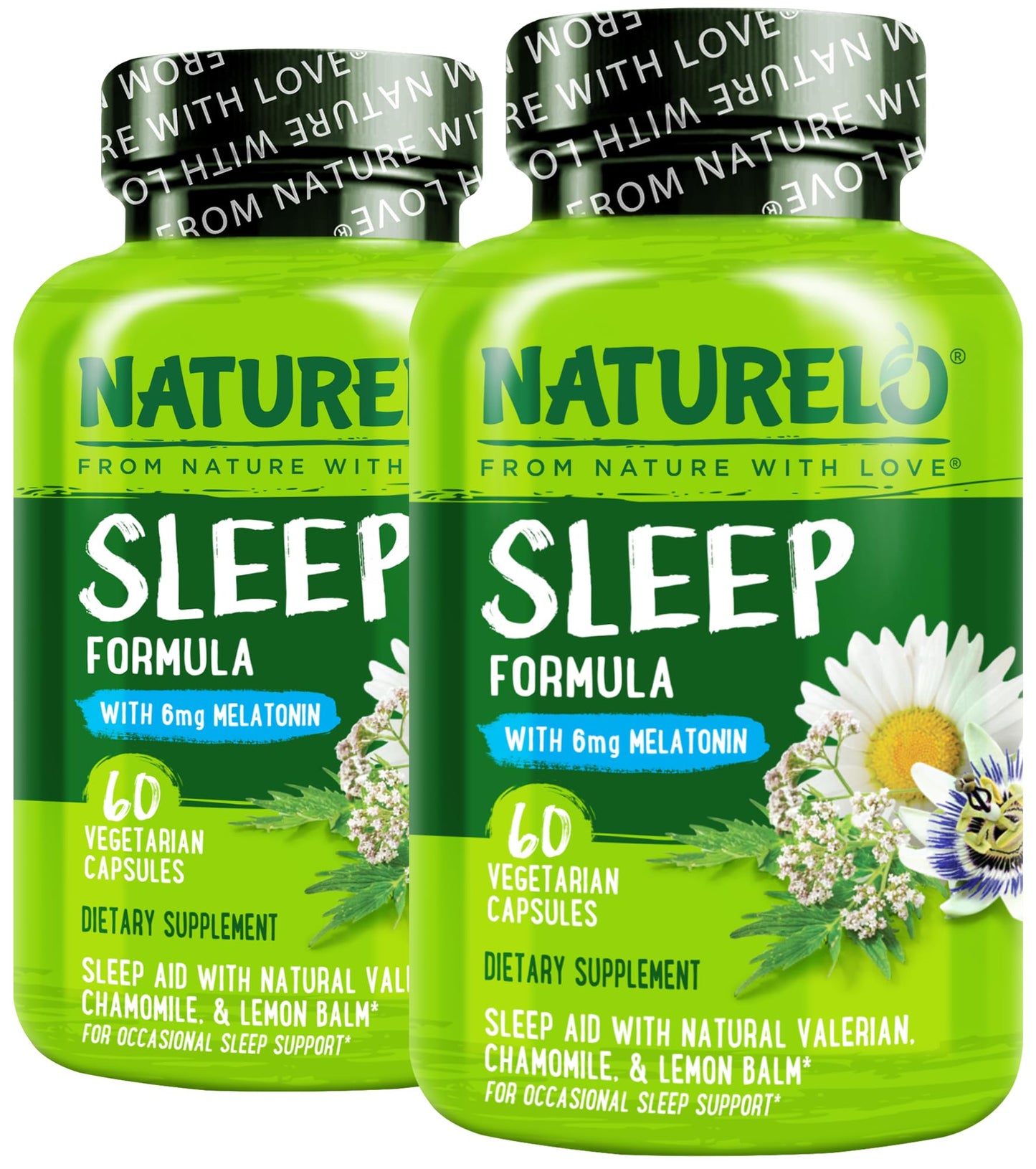 NATURELO Sleep Aid - with Melatonin, Magnesium, GABA, Valerian Root, Lemon Balm, Chamomile Herbal Extracts - Plant-Based Sleeping Aid - 60 Vegan Capsules