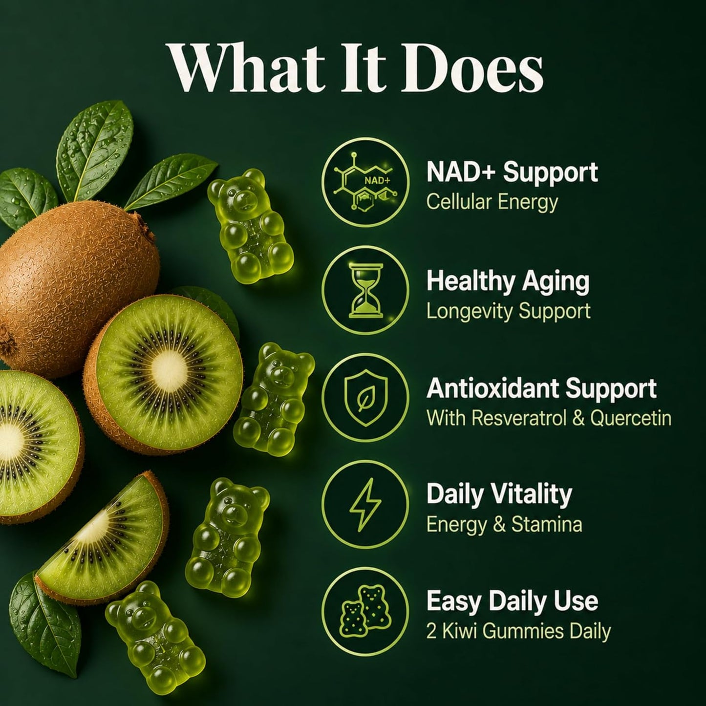 NMN Gummies 500mg with Trans-Resveratrol 200mg, Quercetin, TMG, Vitamin D3 B12, 1480mg NAD+ Supplement, Cellular Energy, Longevity & Healthy Aging Support, Vegan, 60 Kiwi Gummy Bears