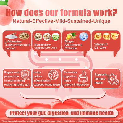 Nextdia L-Glutamine 1200mg Gummies, GLP-1 Friendly, for Gut & Immune Support, Leaky Gut Repair with Akk Probiotic, Slippery Elm, Marshmallow Root, Ginger, Aloe, Vitamin C D3, Zinc, Sugar-Free, 60 Cts