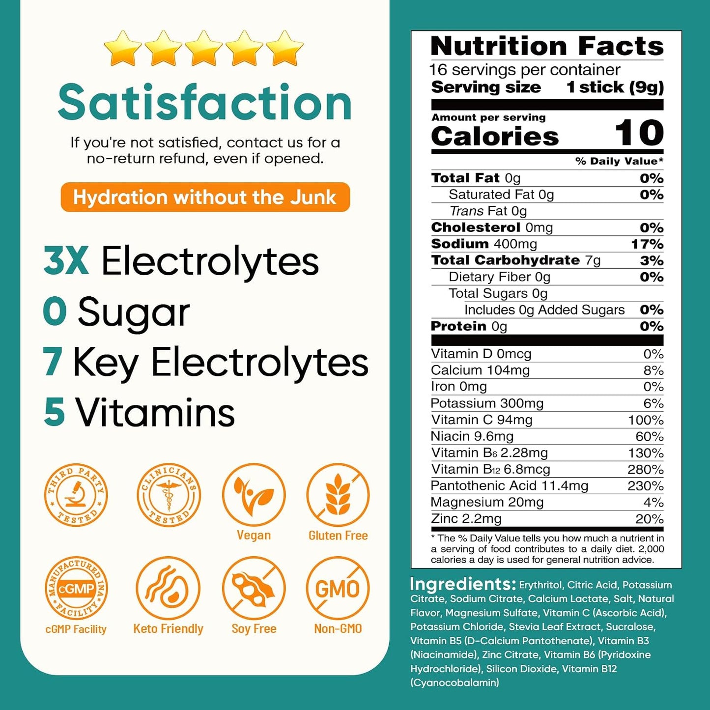 Venture Pal Sugar Free Electrolyte Powder Packets - Liquid Daily IV Drink Mix for Rapid Hydration & Party Recovery | 5 Vitamins & 7 Electrolytes| Keto Friendly | Non-GMO | Certified Vegan | 16 Sticks