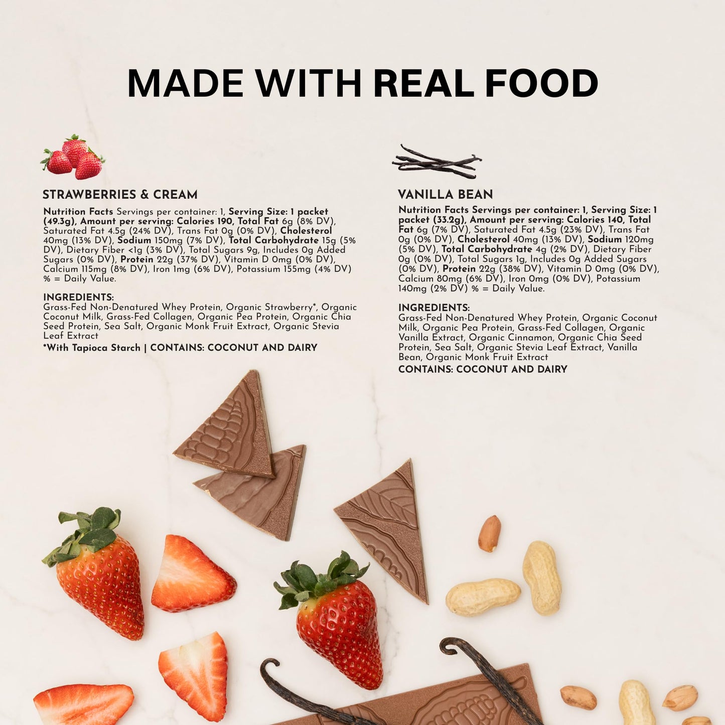 JUST INGREDIENTS Vanilla Bean Protein Powder – 20-Serving Blend with 100% Grass-Fed Whey & Organic Plant Proteins – Real Vanilla Bean & Cinnamon – Supports Muscle Recovery, Energy*