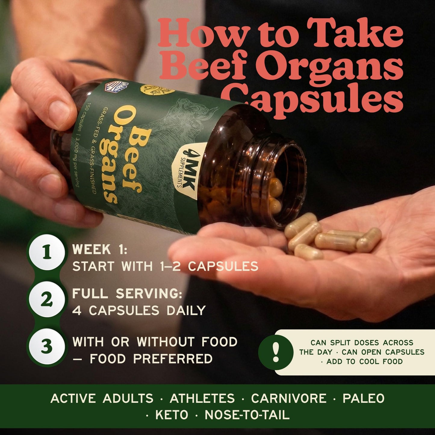 MK Supplements Grass-Fed Desiccated Beef Liver, Non-Defatted, Made in USA | 3,000mg per serving, 150 capsules, 30 servings, freeze-dried, regeneratively raised, amber glass bottle, family owned