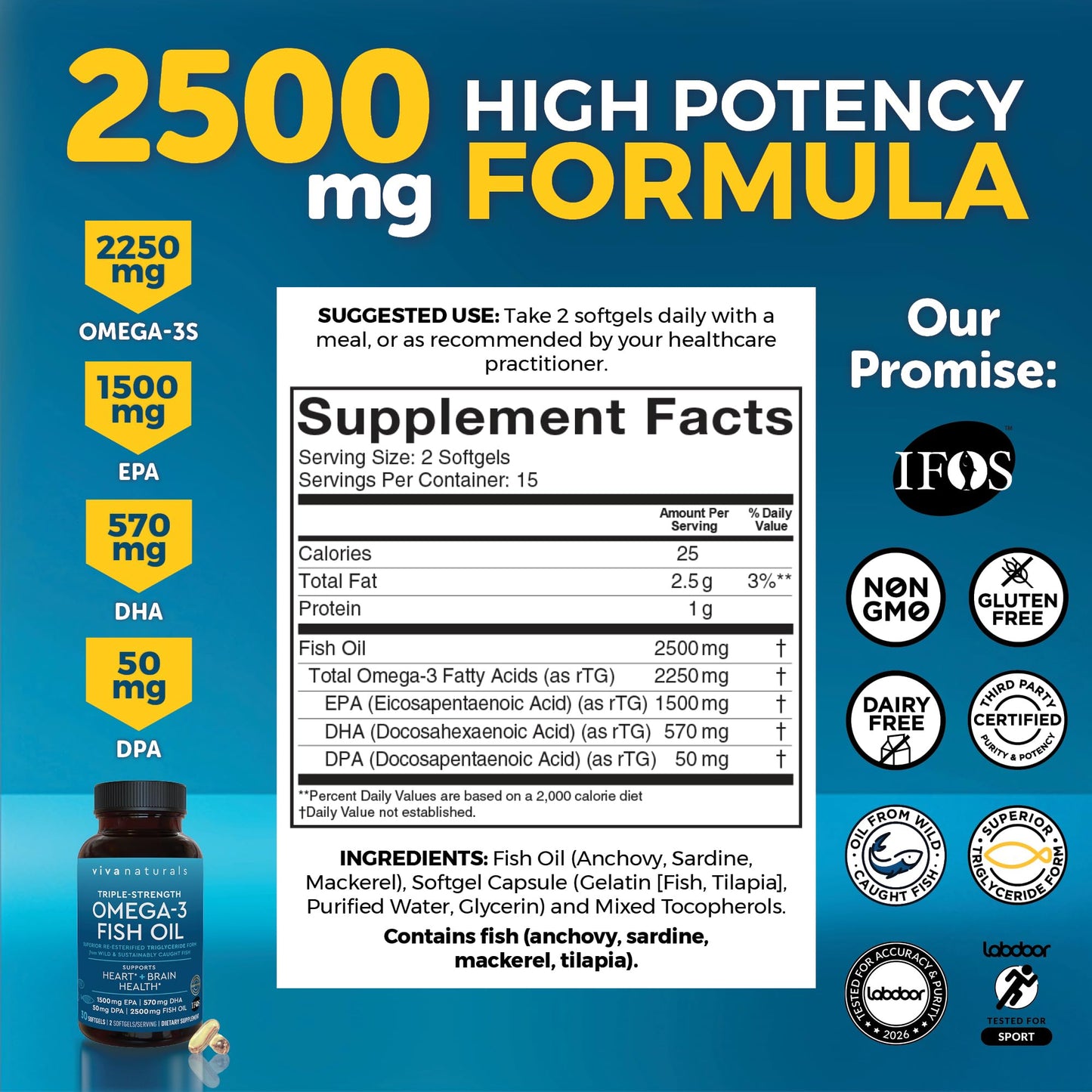 Omega 3 Fish Oil Supplement for Women and Men - 2500 mg Triple Strength Fish Oil per Serving with Omega 3 Fatty Acids Including EPA, DHA DPA - 180 Pescatarian-Friendly Softgels