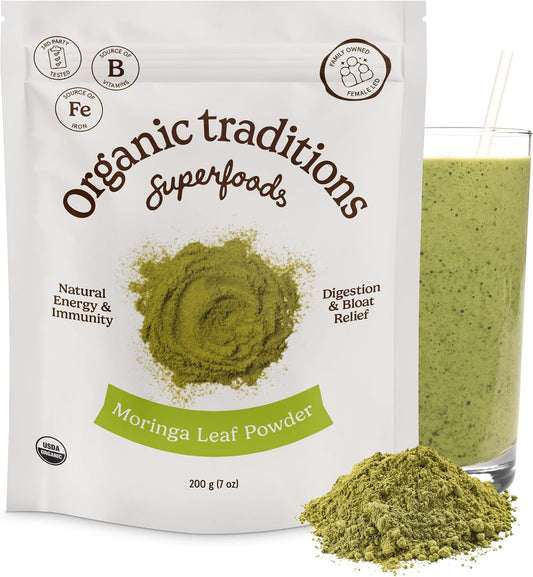 Organic Traditions Moringa Powder Organic, Green Superfood for Smoothies with Moringa Leaves, Rich in Natural Vitamins and Minerals, Traditionally Used for Daily Well Being, Vegan Non-GMO, 200g / 7oz