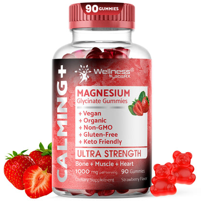 Magnesium Glycinate Gummies, 1000 mg - Magnesium Supplement to Support Relaxation, Heart Health - Chewable Calm Magnesio Gummies for Adults, Glicinato De Magnesio - Strawberry Flavor