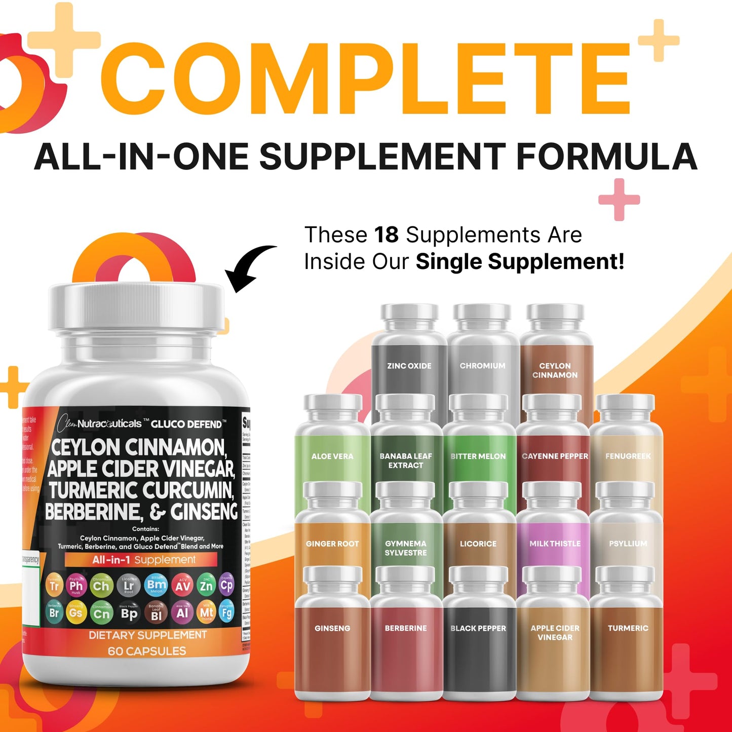 Clean Nutraceuticals Ceylon Cinnamon Capsules + Berberine Turmeric Apple Cider Vinegar Ginseng Bitter Melon (Karela) Gymnema Milk Thistle Fenugreek Supplement Pills Powder for Men & Women