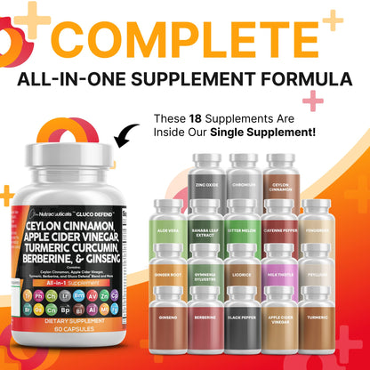 Clean Nutraceuticals Ceylon Cinnamon Capsules + Berberine Turmeric Apple Cider Vinegar Ginseng Bitter Melon (Karela) Gymnema Milk Thistle Fenugreek Supplement Pills Powder for Men & Women