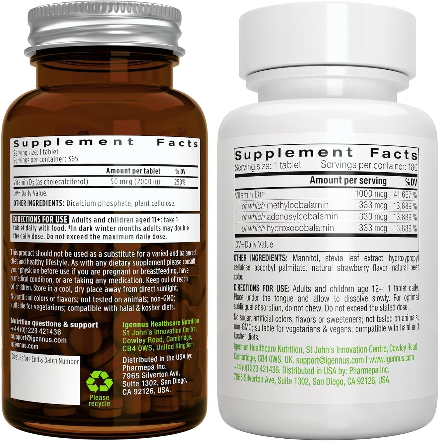 Daily Vitamin D3 + Super B12-Complex, Vegetarian Bundle, 365 2000iu Vitamin D3 Tablets + High Absorption Sublingual B12, by Igennus