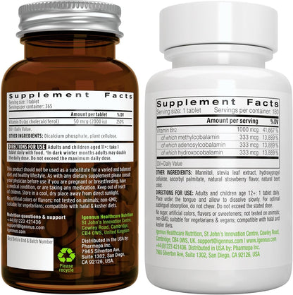 Daily Vitamin D3 + Super B12-Complex, Vegetarian Bundle, 365 2000iu Vitamin D3 Tablets + High Absorption Sublingual B12, by Igennus