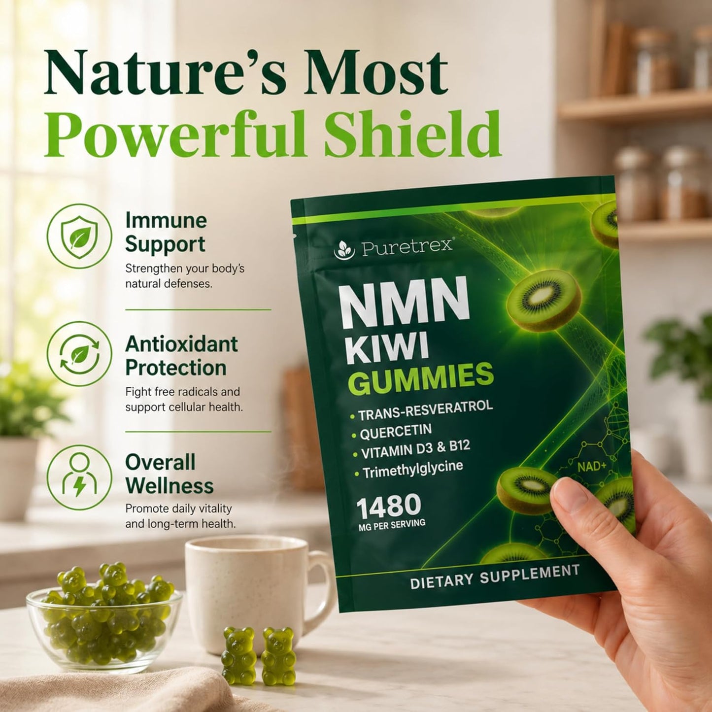 NMN Gummies 500mg with Trans-Resveratrol 200mg, Quercetin, TMG, Vitamin D3 B12, 1480mg NAD+ Supplement, Cellular Energy, Longevity & Healthy Aging Support, Vegan, 60 Kiwi Gummy Bears