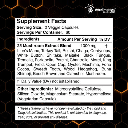 WELLNESS LABSRX Mushroom Supplement Capsules 10:1 Extract, Mushroom Complex Capsules 1000mg, Lions Mane Supplement with Turkey Tail, Cordyceps, Reishi - 120 Count