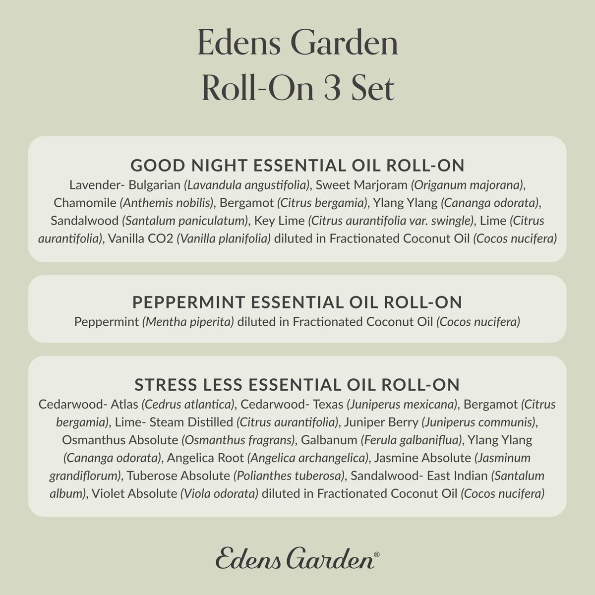 Edens Garden Essential Oil Roll-On Set (Good Night, Peppermint, Stress Less)- Aromatherapy Roller