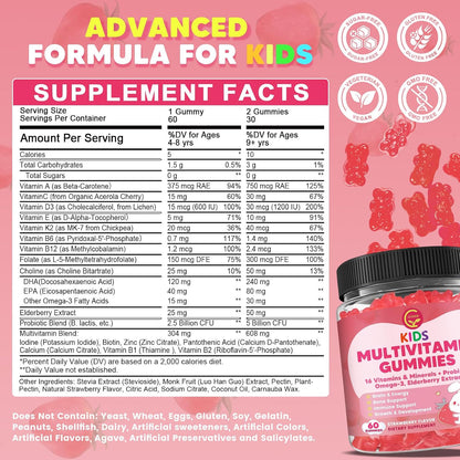 Kids Methylated Multivitamin Gummies with Omega 3, 16 Vitamins, Sugar Free | Multivitamin for Kids & Teens 4+ w/L Methylfolate & B12, Calcium, Probiotics, Elderberry, for Healthy Growth, Immune Support