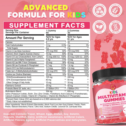 Kids Methylated Multivitamin Gummies with Omega 3, 16 Vitamins, Sugar Free | Multivitamin for Kids & Teens 4+ w/L Methylfolate & B12, Calcium, Probiotics, Elderberry, for Healthy Growth, Immune Support