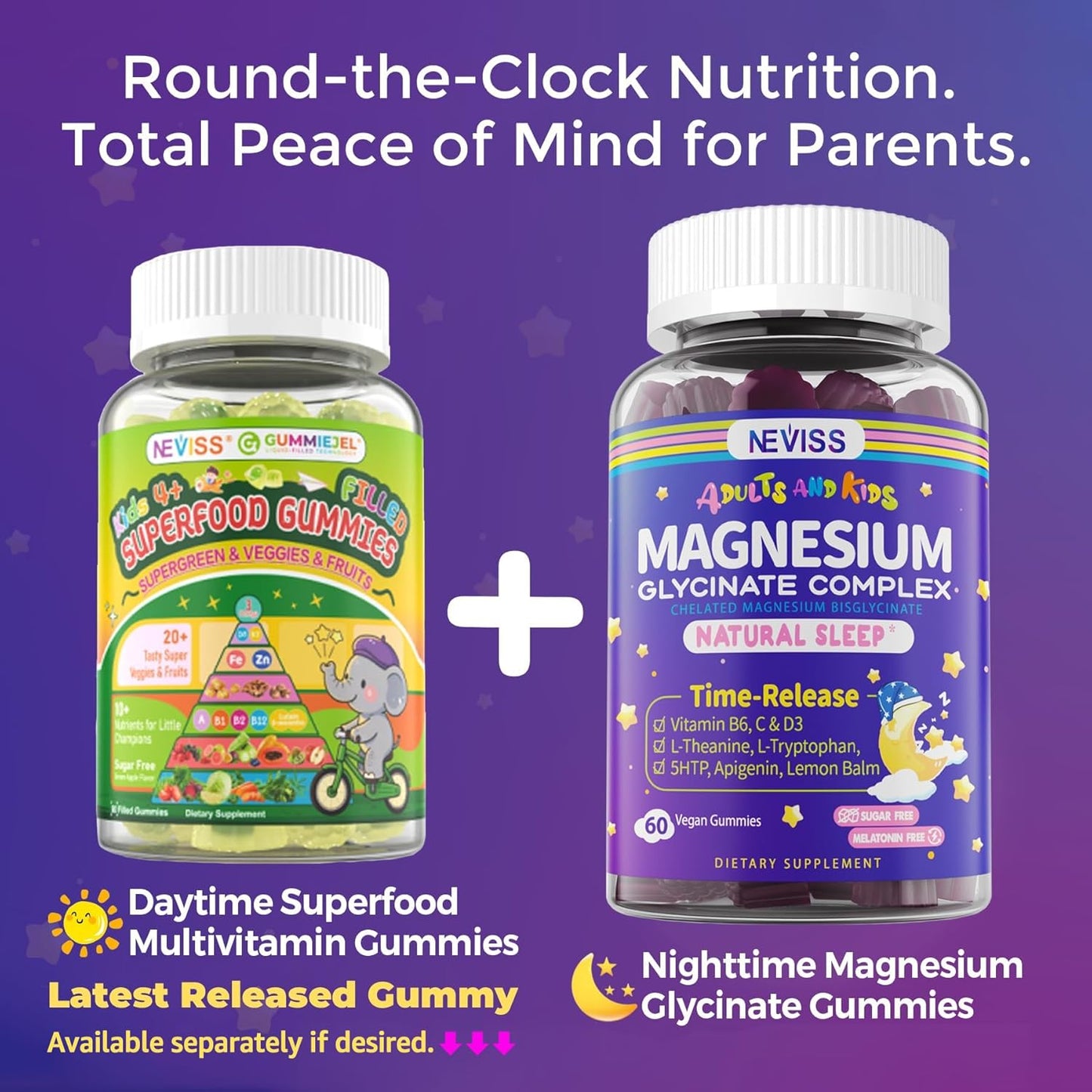 Magnesium Glycinate Gummies for Adults & Kids 4+, Sugar Free Magnesium Bisglycinate Supplement 400/200mg with B6D3, L-Theanine for Sleep & Relaxation, Brain, Muscle, Melatonin Free Gummies,1Pack