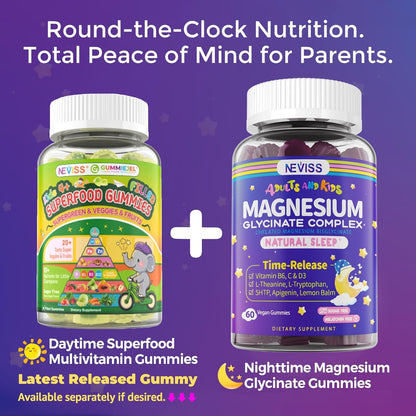 Magnesium Glycinate Gummies for Adults & Kids 4+, Sugar Free Magnesium Bisglycinate Supplement 400/200mg with B6D3, L-Theanine for Sleep & Relaxation, Brain, Muscle, Melatonin Free Gummies,1Pack