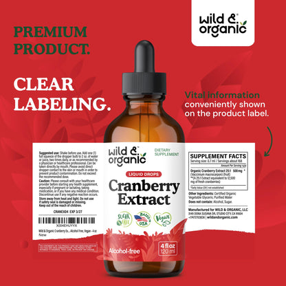 Wild & Organic Cranberry Concentrate Liquid Drops - Urinary Tract Support with Cranberry Supplement for Women & Men - 500 mg Extract per Serving - Vegan, Sugar & Alcohol-Free - 4 fl oz