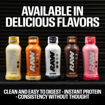 RAW Ready-to-Drink Protein Shake, Strawberry - RTD Protein Drinks with Grass-Fed Whey Protein Isolate for Post-Workout - Zero-Sugar & Gluten-Free Meal Replacement Drink & Breakfast Shake, 12 Fl Oz