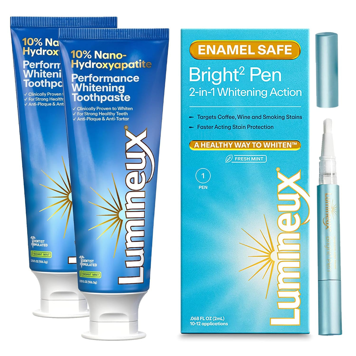 Lumineux 10% Nano Hydroxyapatite Whitening Toothpaste (2 Pack) + 2-in-1 Whitening Pen | Peroxide-Free, Enamel-Safe Whitening Without Sensitivity | Fluoride-Free