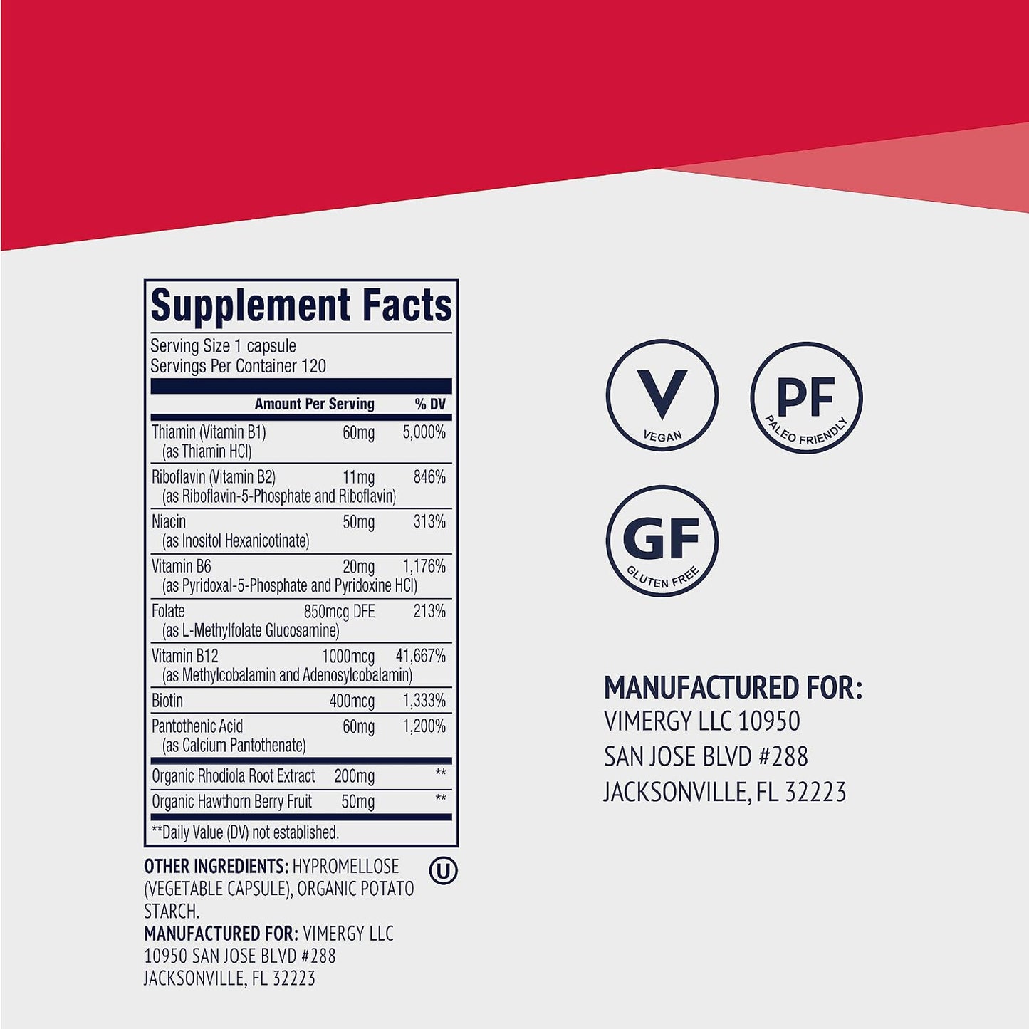 Vimergy Adapto B Complex, 120 Servings – High Potency with 8 B Vitamins, Rhodiola & Hawthorn Berry – Supports Mental Energy, Cognition, Mood - Non-GMO, Kosher, Vegan, No Gluten, No Soy