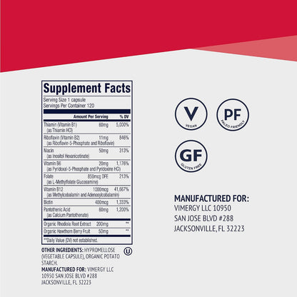 Vimergy Adapto B Complex, 120 Servings – High Potency with 8 B Vitamins, Rhodiola & Hawthorn Berry – Supports Mental Energy, Cognition, Mood - Non-GMO, Kosher, Vegan, No Gluten, No Soy