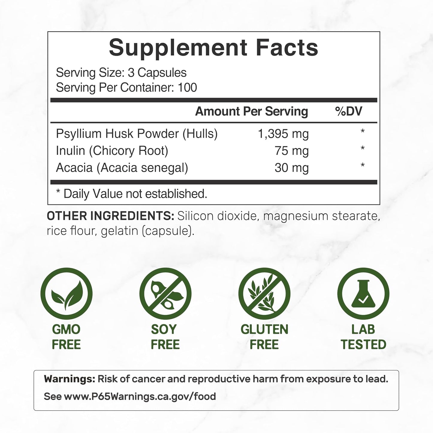 Psyllium Husk 1500mg Per Serving, 300 Capsules – 3 in 1 Fiber Supplement with Inulin & Acacia Complex – Natural Soluble Fiber, Supports Digestive Health* – Plant Based, Non-GMO
