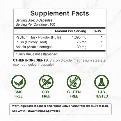 Psyllium Husk 1500mg Per Serving, 300 Capsules – 3 in 1 Fiber Supplement with Inulin & Acacia Complex – Natural Soluble Fiber, Supports Digestive Health* – Plant Based, Non-GMO