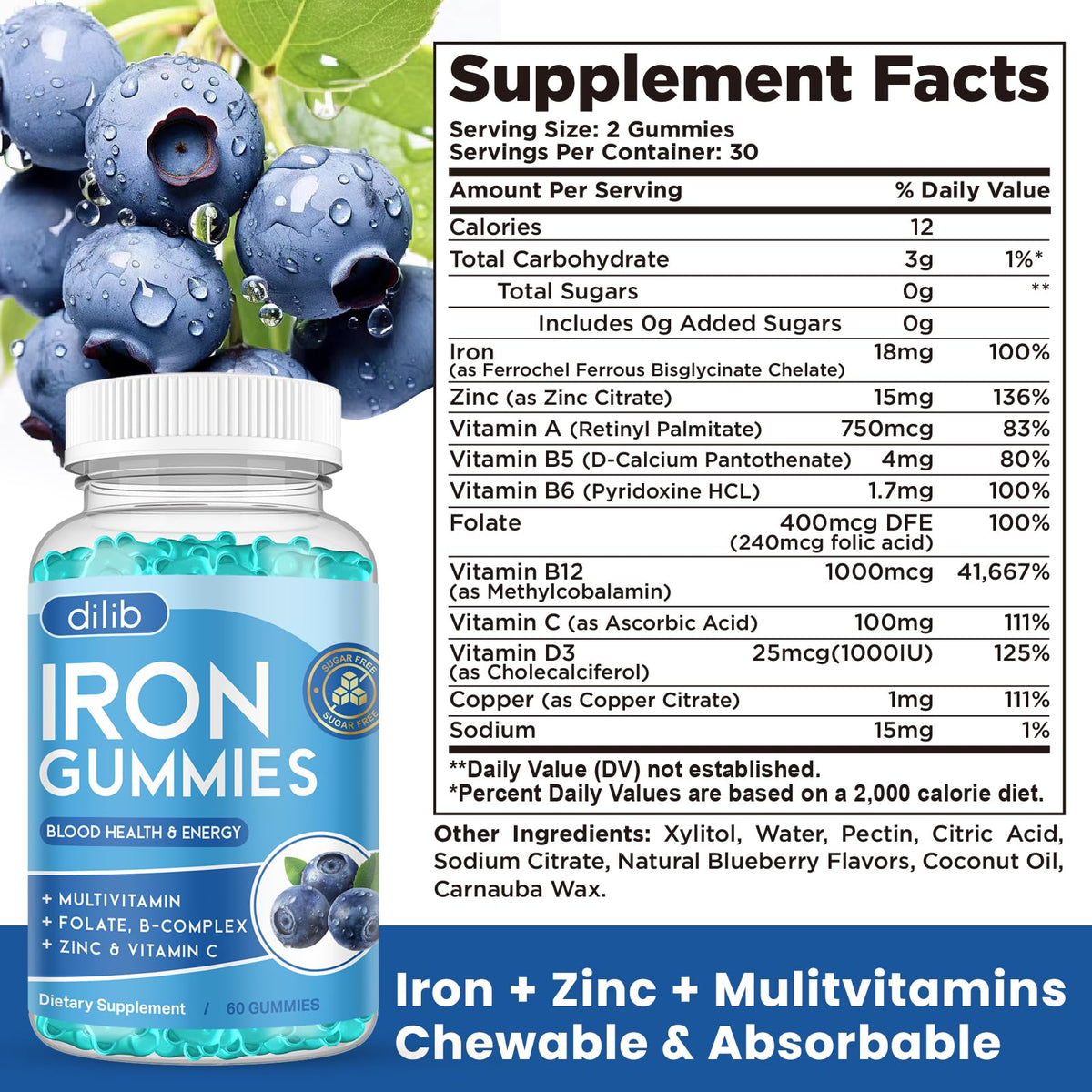 Iron Gummies with Multivitamin, Iron Supplement for Women & Men with Zinc, Vitamin B Complex & C, B12, Folate - Blood Builder & Energy Support for Adults & Kids - Strawberry Flavor, Vegan 60 Gummies
