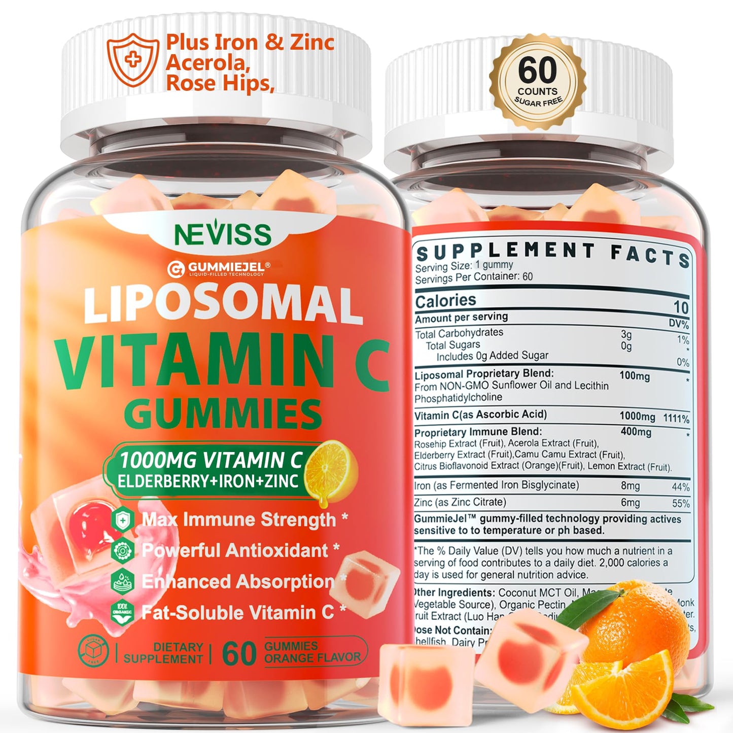 Liposomal Vitamin C 1000mg Gummies for Adults - Vitamin C Chewable with Elderberry, Zinc & 8mg Iron, Sugar Free Vit C Supplements, Daily Immune Support Gummies for Energy, Collagen Booster 60 Counts