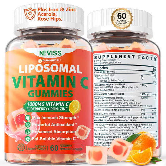 Liposomal Vitamin C 1000mg Gummies for Adults - Vitamin C Chewable with Elderberry, Zinc & 8mg Iron, Sugar Free Vit C Supplements, Daily Immune Support Gummies for Energy, Collagen Booster 60 Counts