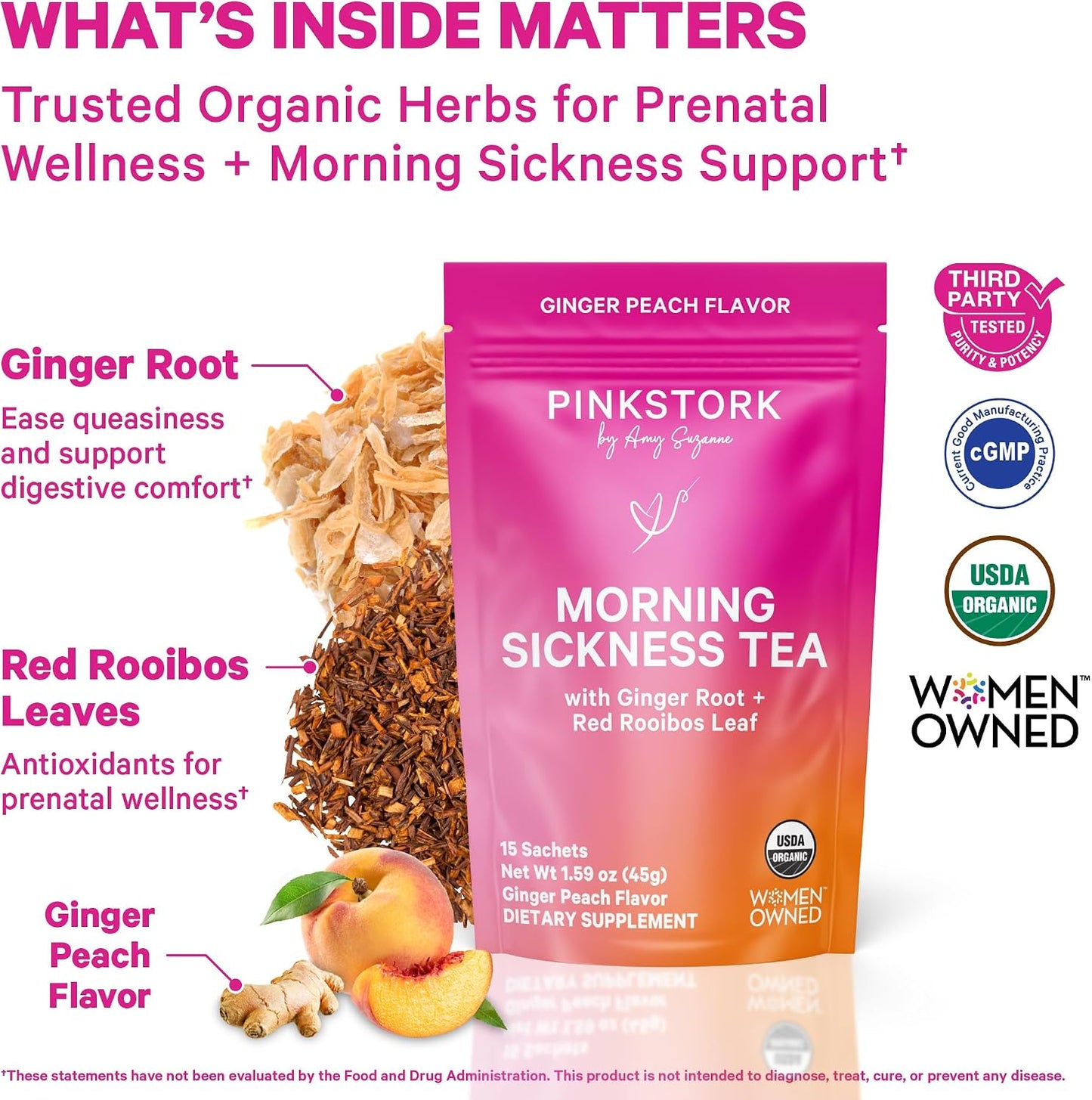 Pink Stork Morning Sickness Support Kit – 3-Piece Bundle with Organic Ginger Peach Tea, B6 Sweets, Ginger Lozenges – Pregnancy Support, First Trimester Essentials, Gift for Pregnant Women