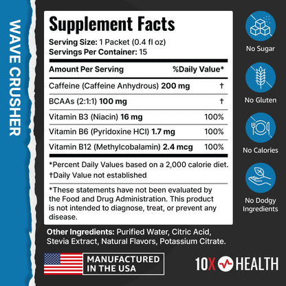 10X Health Electrolyte Drink Mix - Wave Crusher, 15 Sticks | Hydration Packets: Sodium, Magnesium & Potassium Citrate, Wave Crusher, 15 Sticks