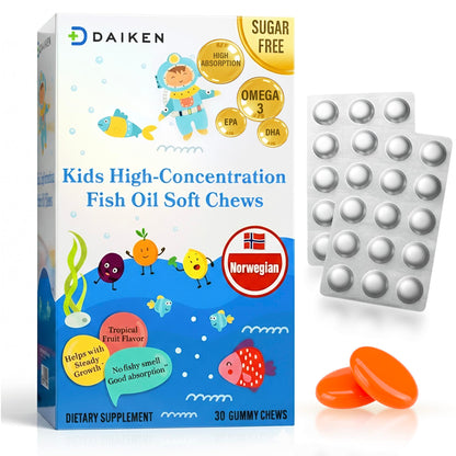 DAIKEN High Concentration Kids Fish Oil Omega-3 Gummies, No Sugar Added, Individually Wrapped, 300 mg Omega-3 (DHA & EPA) with Vitamin D3 for Kid, 30 Count, Tropical Fruit Flavor, Norwegian Sourced