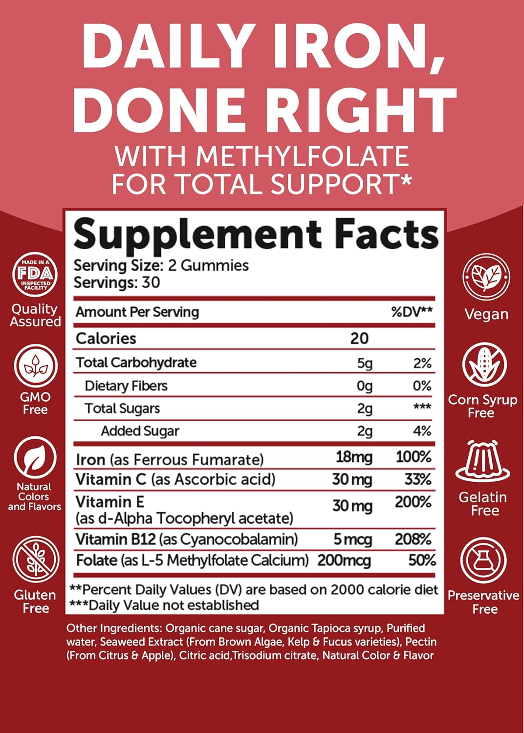 Lunakai USA Made Vegan Iron Gummies 5-in-1 with Methylfolate, Vitamin C, E & B12 - Daily Chewable Iron Supplement for Women, Men & Kids - Energy & Blood Health Support, Non-GMO, 60ct