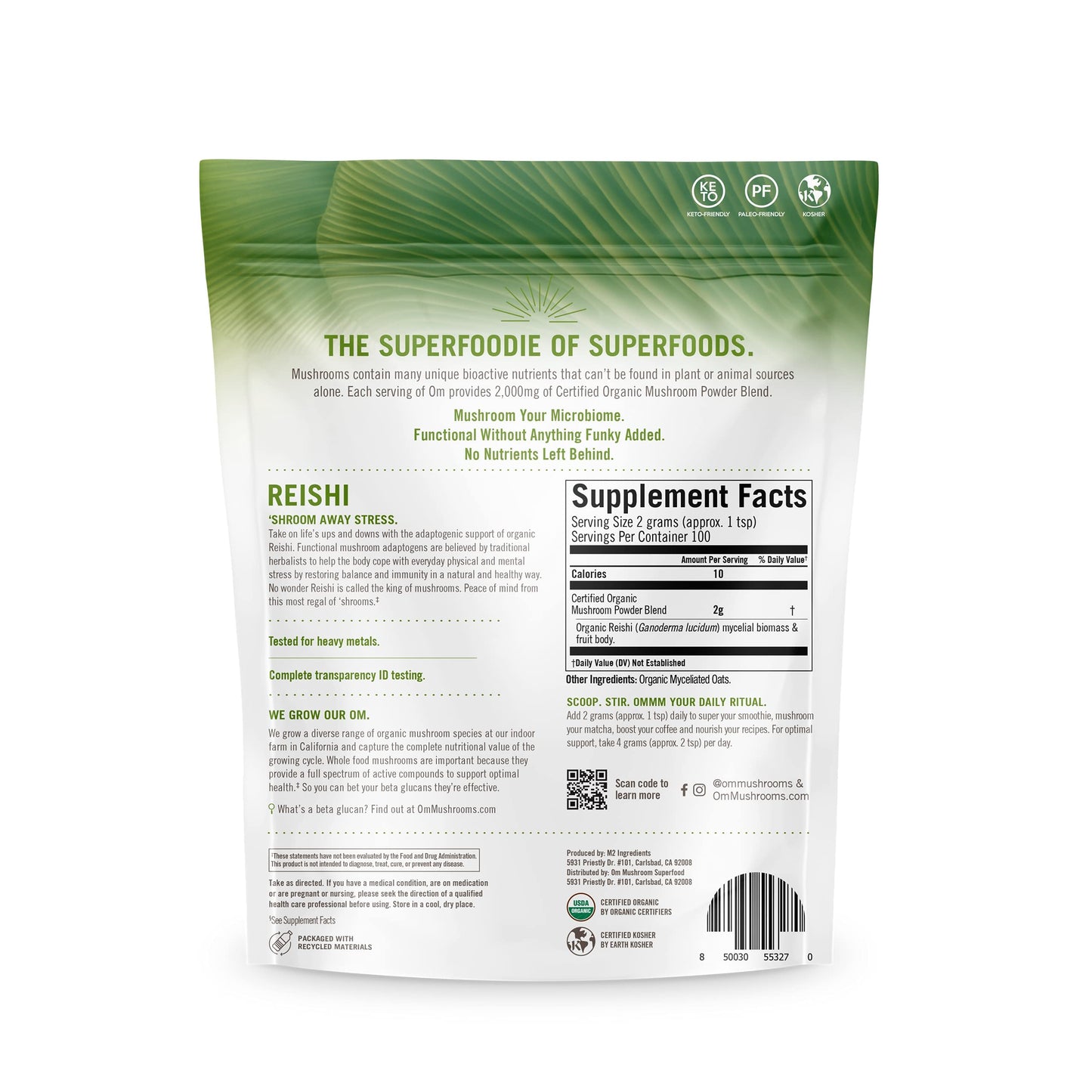 Om Mushroom Superfood Reishi Organic Mushroom Powder, 100 Servings, Organic Adaptogen Powder for Stress Relief and Immune Health