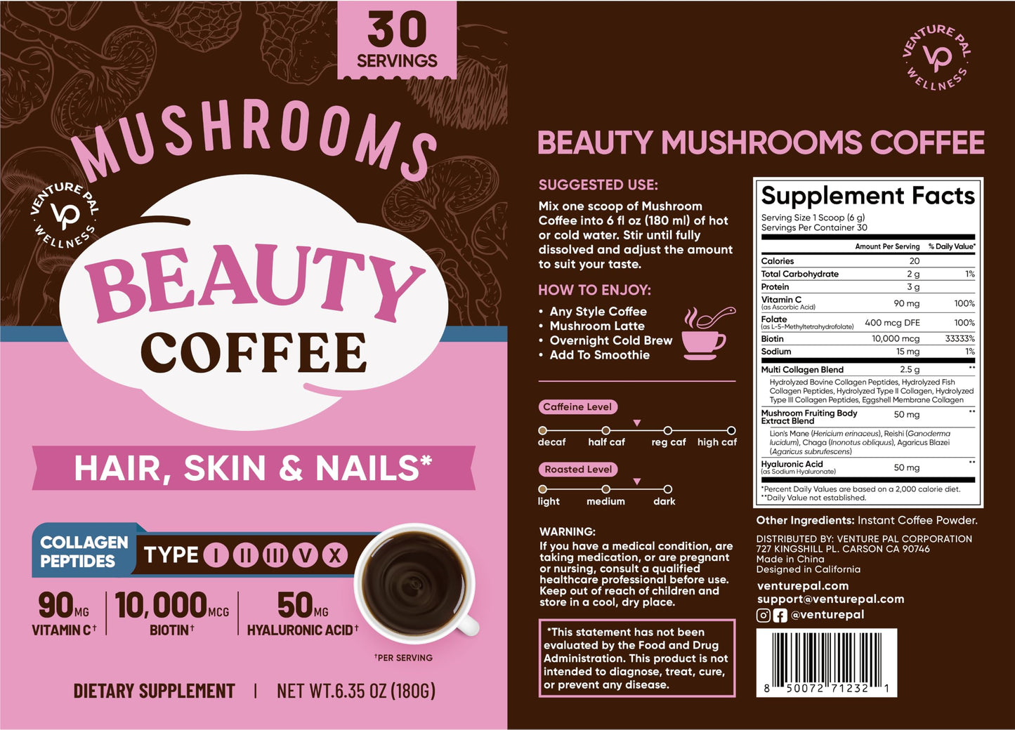 Venture Pal Mushroom Coffee, 12 Mushrooms, Focus & Digestion, 40 Servings | 12 Adaptogenic Mushrooms with Lion's Mane, Cordyceps, Reishi, Turkey Tail, Ashwagandha & Probiotics, Low Caffeine & Calories