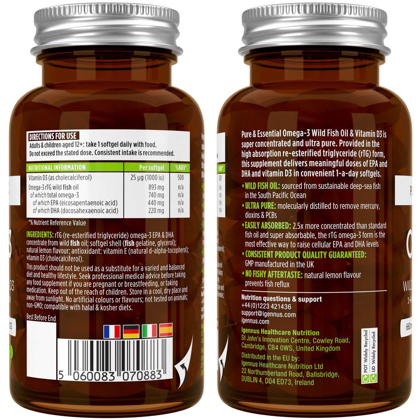 Igennus Advanced rTG Omega-3 IFOS Certified Wild Fish Oil & Vitamin D3, 1-a-Day, Fatty Acids EPA & DHA, Fast-Acting Triglyceride Form, Ultra Pure & Non-GMO, 60 Softgels