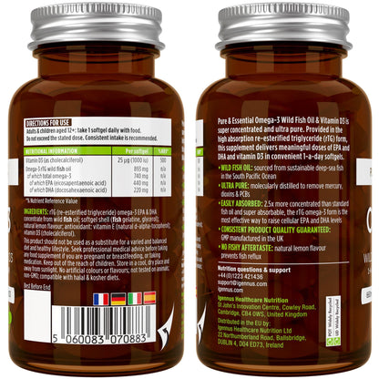 Igennus Advanced rTG Omega-3 IFOS Certified Wild Fish Oil & Vitamin D3, 1-a-Day, Fatty Acids EPA & DHA, Fast-Acting Triglyceride Form, Ultra Pure & Non-GMO, 60 Softgels