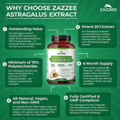 Zazzee Extra Strength Astragalus Root 20:1 Extract, 70% Polysaccharides, 180 Vegan Capsules, 6 Month Supply, Astragalus Membranaceus, Immune System Support, Non-GMO, Herbal Supplement, Made in the USA