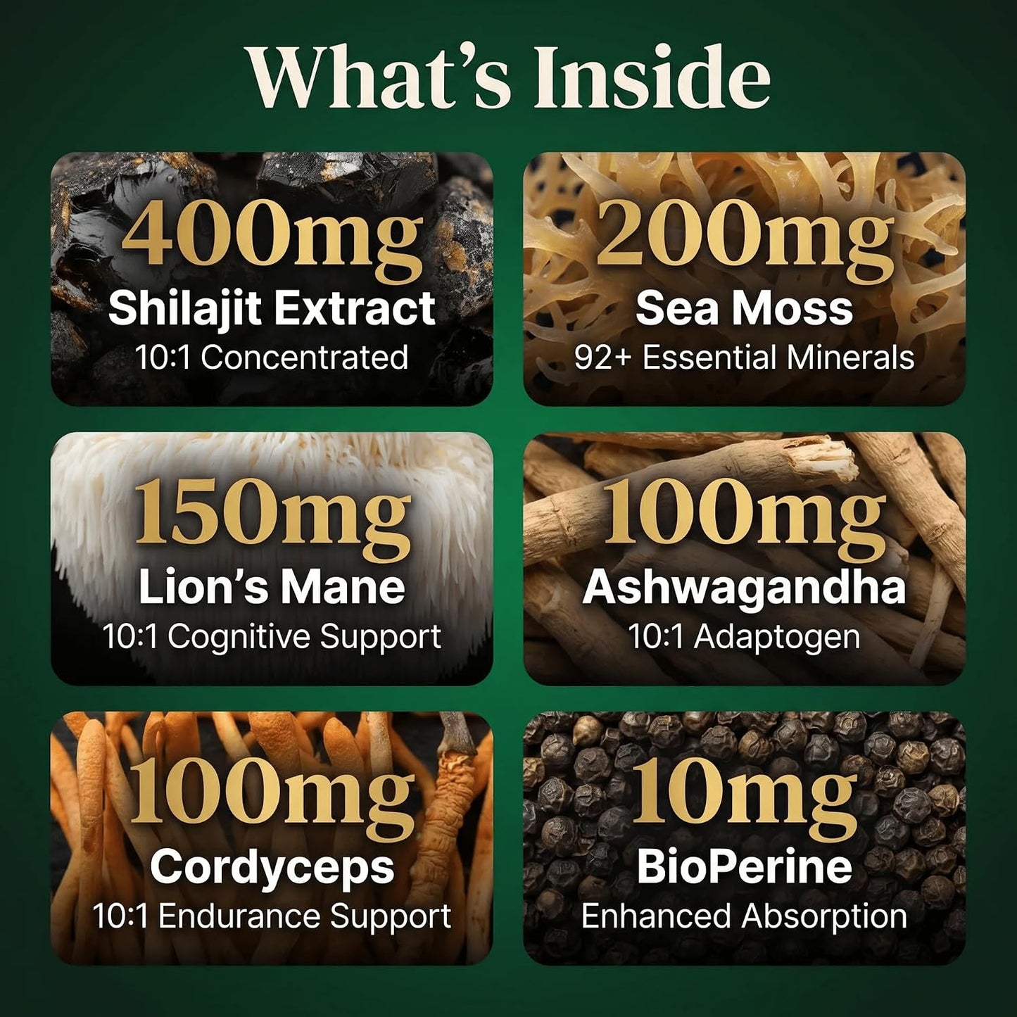 Shilajit Sea Moss Lions Mane Ashwagandha Cordyceps Capsules, 6-in-1 Mushroom Complex with BioPerine, 400mg Shilajit Extract, 120 Vegan Capsules, Made in UK, Third Party Tested