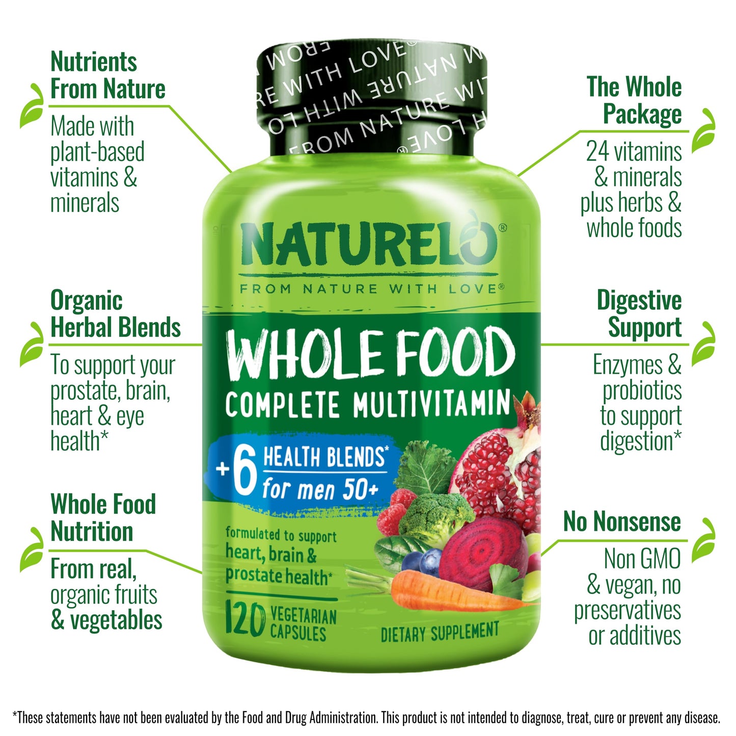 NATURELO Whole Food Multivitamin for Men 50+ - with Vitamins, Minerals, Organic Herbal Extracts - Vegan Vegetarian - for Energy, Brain, Heart and Eye Health - 120 Capsules