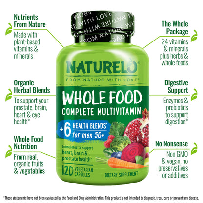 NATURELO Whole Food Multivitamin for Men 50+ - with Vitamins, Minerals, Organic Herbal Extracts - Vegan Vegetarian - for Energy, Brain, Heart and Eye Health - 120 Capsules