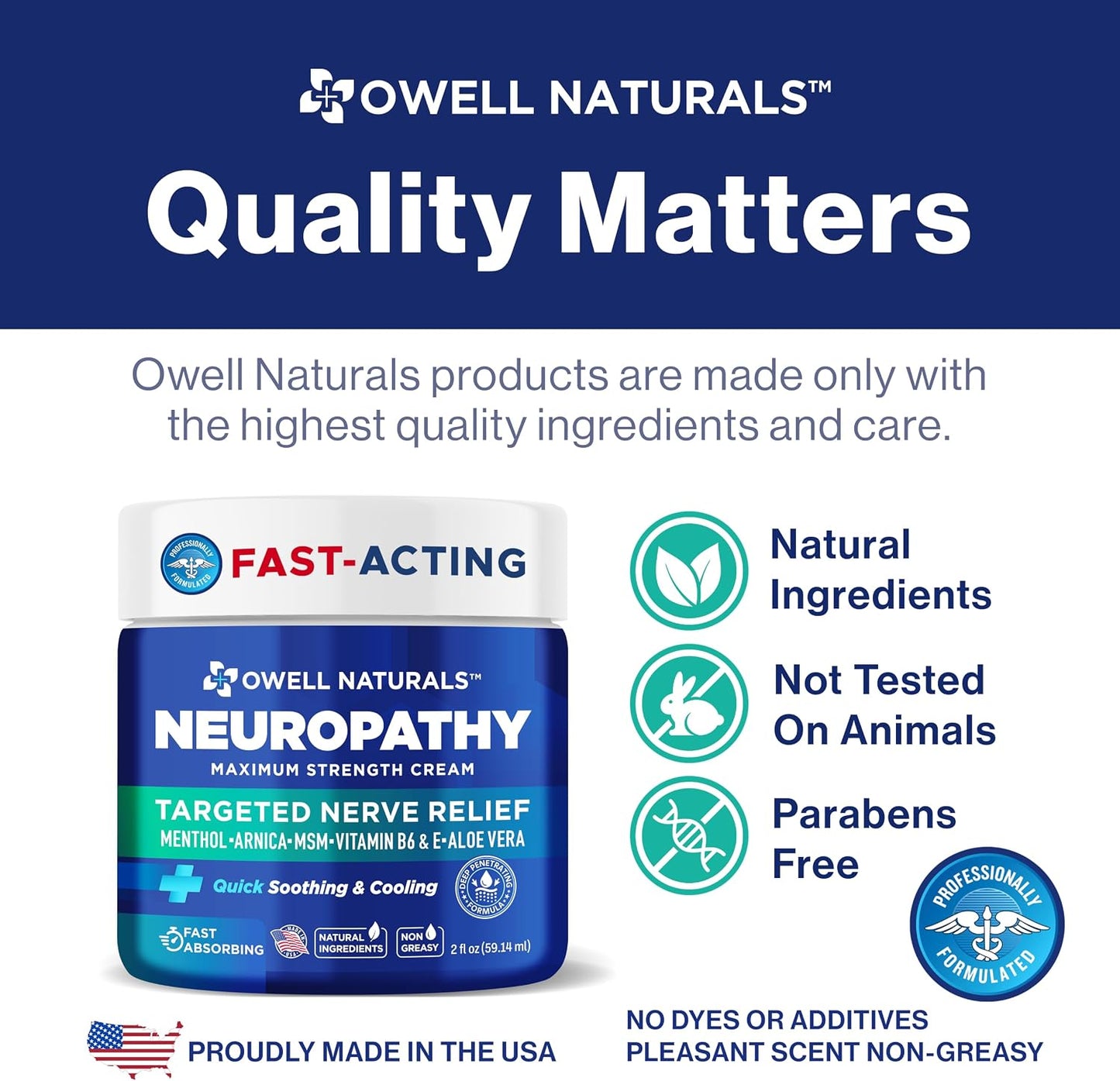 Owell Naturals Neuropathy Cream Extra Strength – Fast Absorbing Cooling for Leg, Feet & Hands – Advanced Soothing Formula with Aloe Vera, Arnica, MSM & Vitamin B6 – Made in USA, 2 fl oz