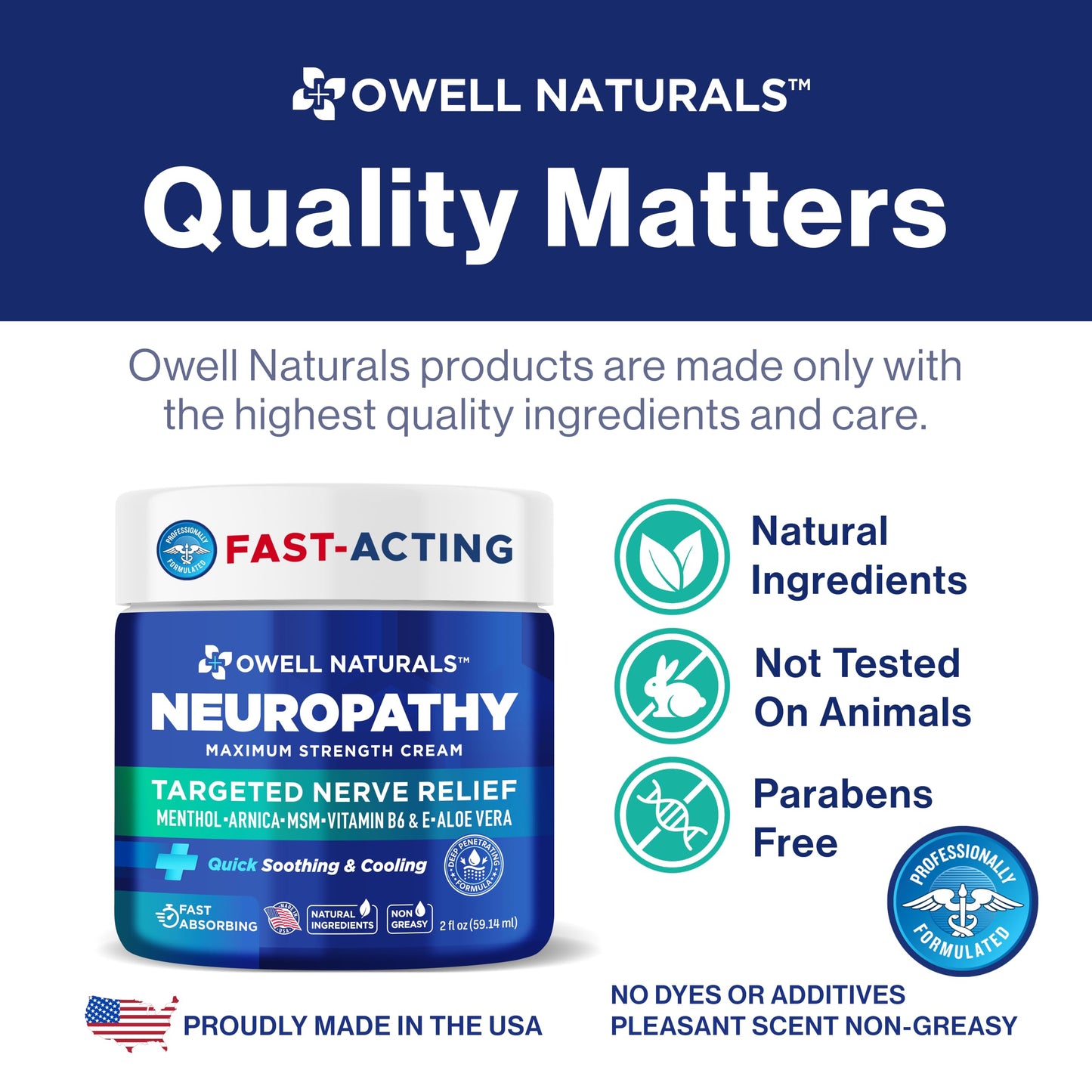 Owell Naturals Neuropathy Cream Extra Strength – Fast Absorbing Cooling for Leg, Feet & Hands – Advanced Soothing Formula with Aloe Vera, Arnica, MSM & Vitamin B6 – Made in USA, 2 fl oz