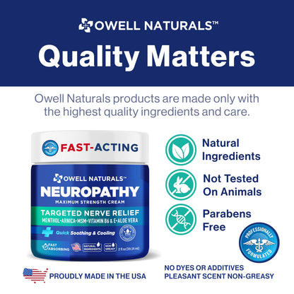 Owell Naturals Neuropathy Cream Extra Strength – Fast Absorbing Cooling for Leg, Feet & Hands – Advanced Soothing Formula with Aloe Vera, Arnica, MSM & Vitamin B6 – Made in USA, 2 fl oz