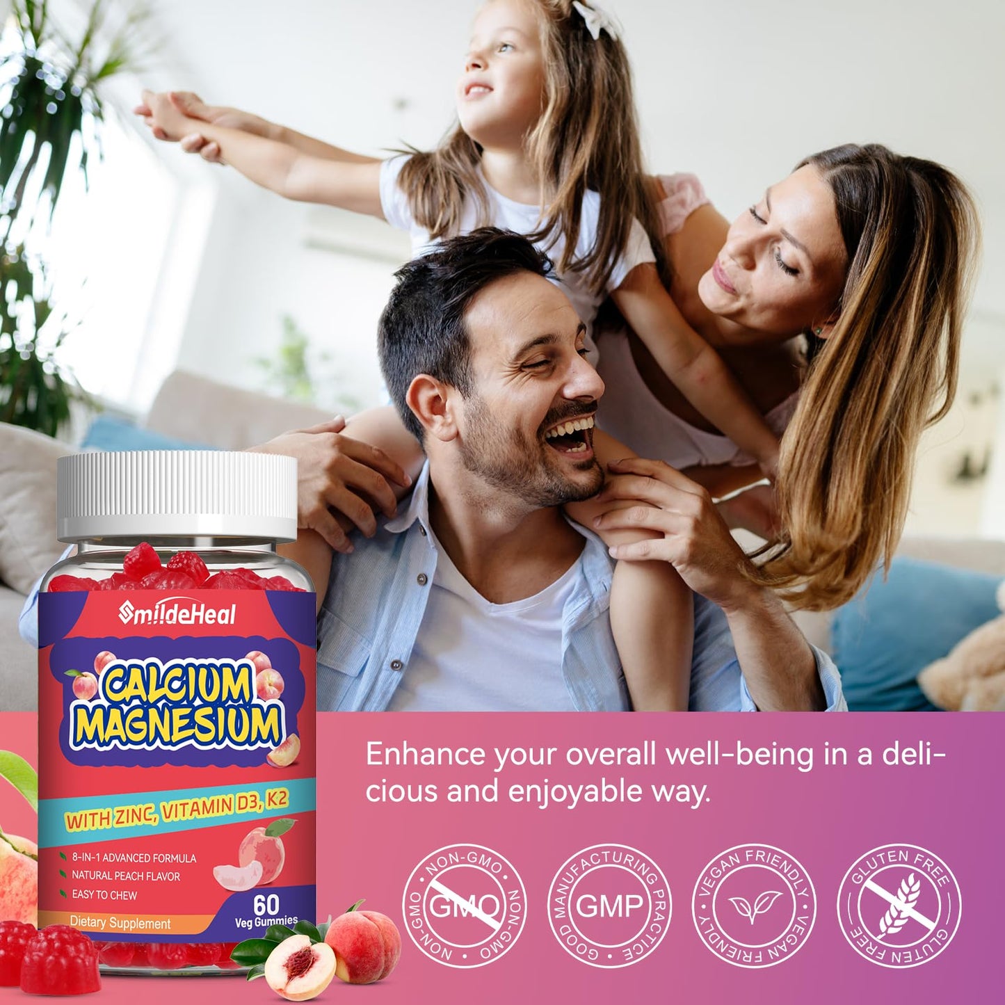 Calcium Magnesium Gummies 600MG, Calcium Magnesium Zinc Gummies with Vitamin D3 - High Absorption Complex Calcium Supplement, Vegan, 60 Counts