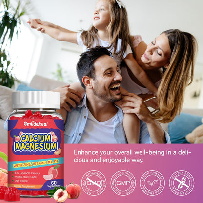 Calcium Magnesium Gummies 600MG, Calcium Magnesium Zinc Gummies with Vitamin D3 - High Absorption Complex Calcium Supplement, Vegan, 60 Counts
