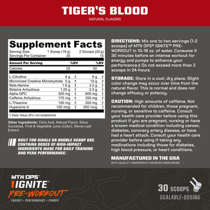 MTN OPS Ignite Pre-Workout, Blue Raspberry, Customizable Gym Energy